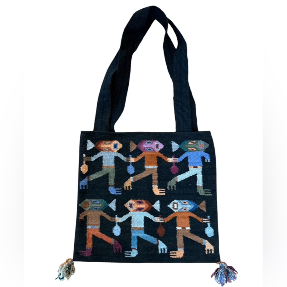 Vintage Peruvian Connection Wool Fish-Head People Tote Bag Handmade EUC - Picture 4 of 13